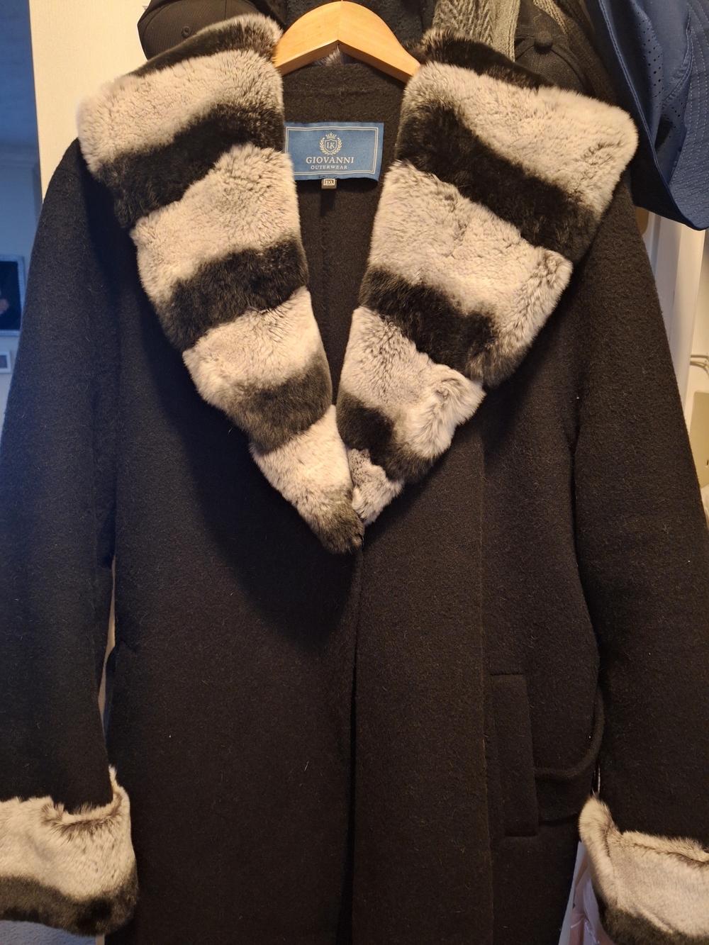 Black Wool Coat with Faux Fur Trim